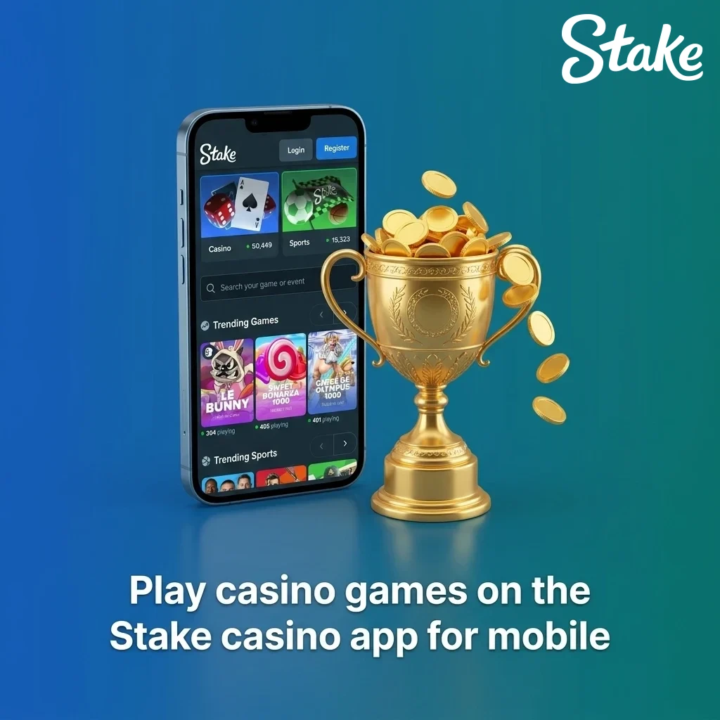 Stake casino mobile app interface showing slots, live casino, originals, game shows and table games with quick search filters